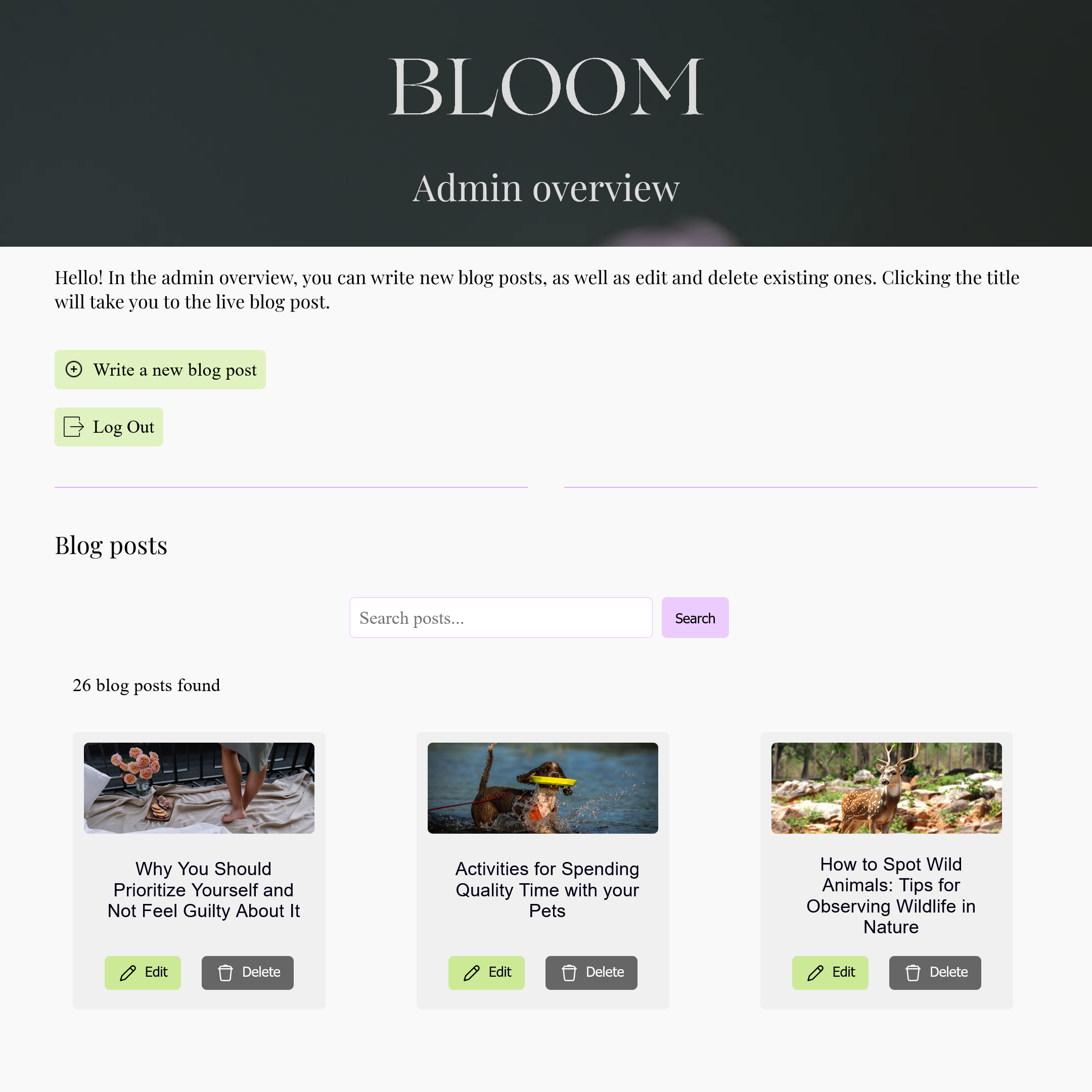 Admin overview screen of Bloom, displaying a blog post management system where users can edit or delete posts and write new ones.